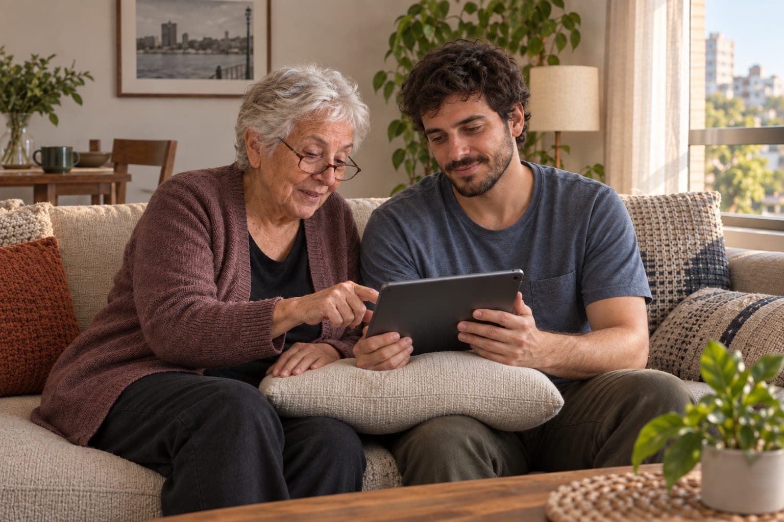 Un nieto le muestra la tablet a su abuela en el sofá; ella señala la pantalla.