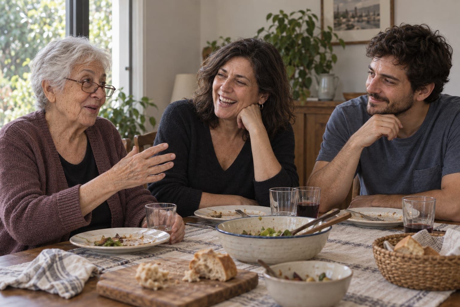 Elvira, Ana y Mateo se ríen en la mesa del almuerzo.