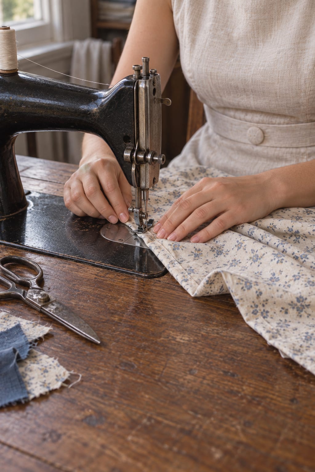 Manos en una máquina de coser antigua.