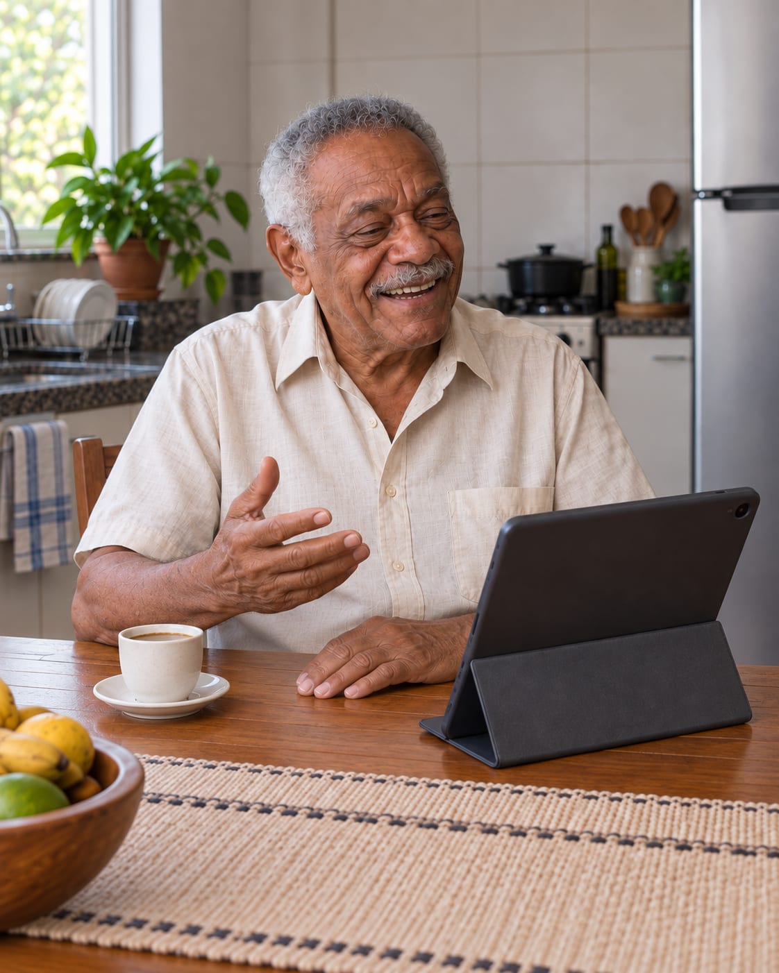 Un hombre mayor conversa y se ríe frente a una tablet en la mesa de su cocina.