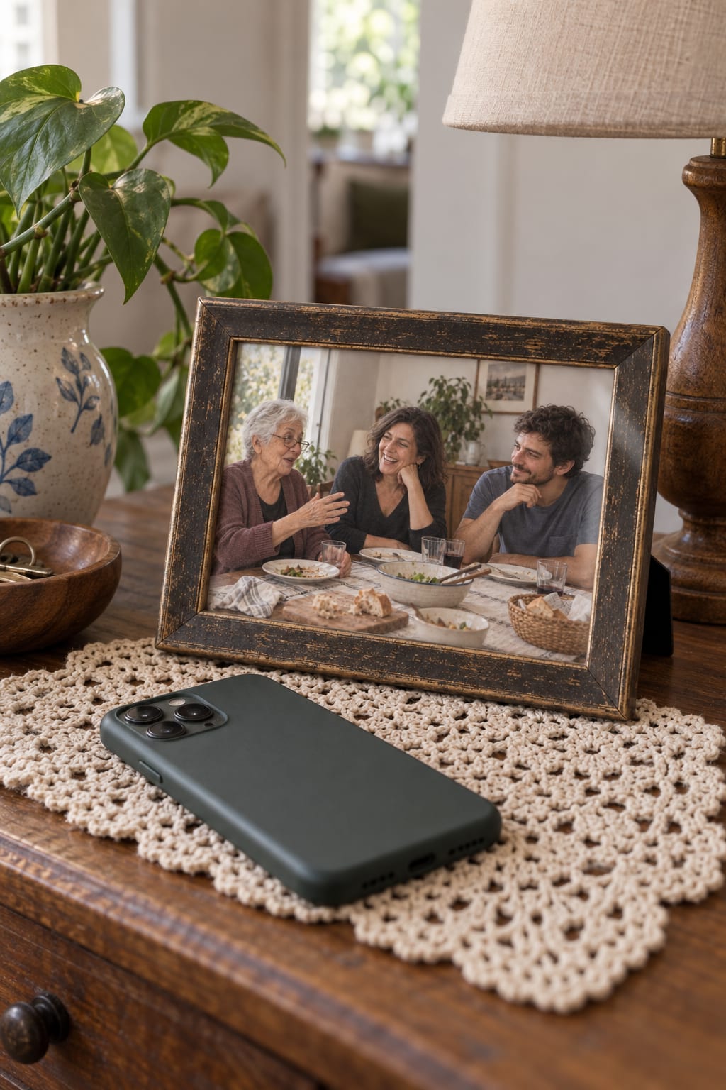 Un portarretratos de la familia y un teléfono sobre una carpeta tejida.