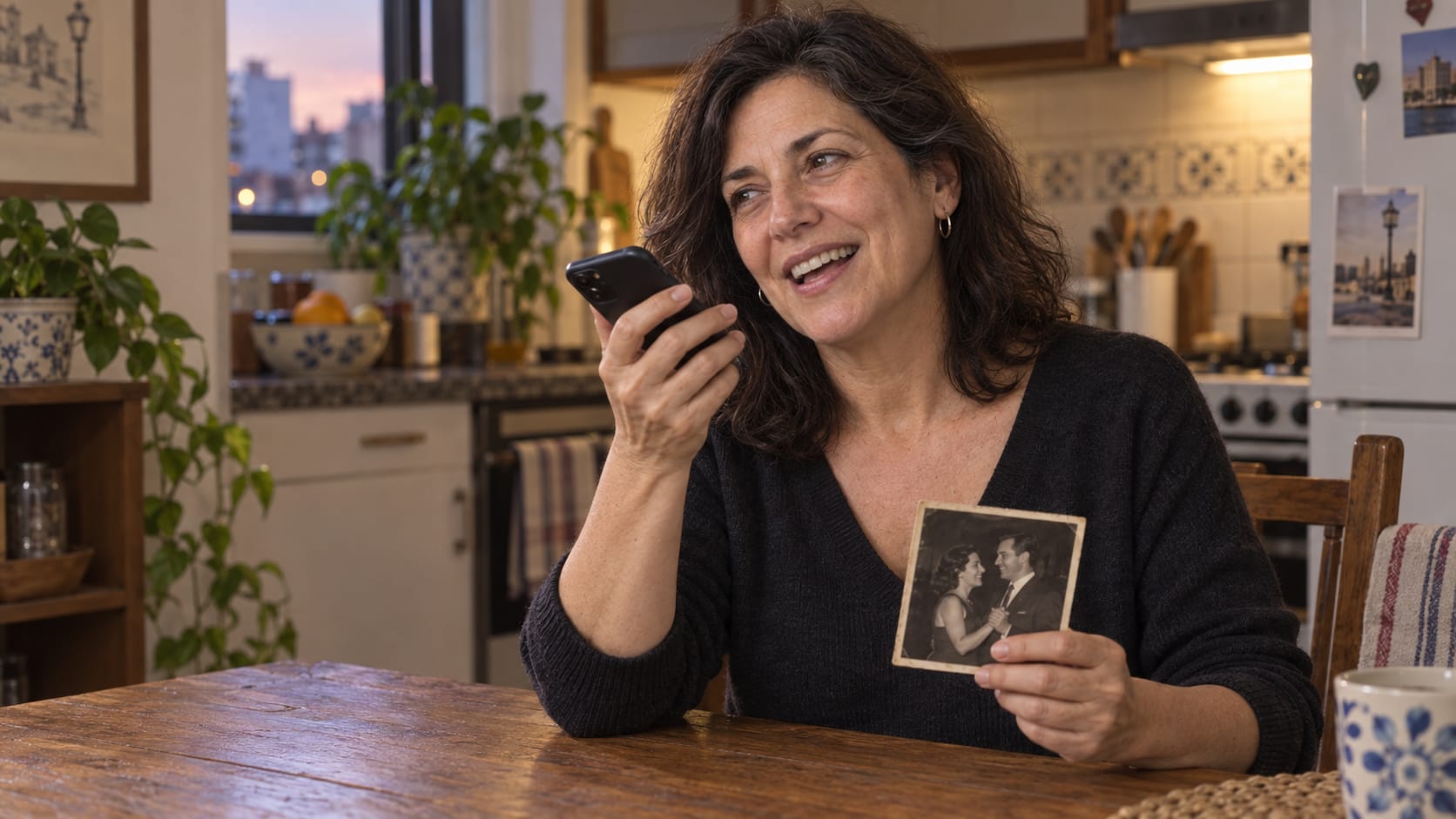 Ana graba una nota de voz en su cocina, sonriendo mientras cuenta un recuerdo de sus padres.
