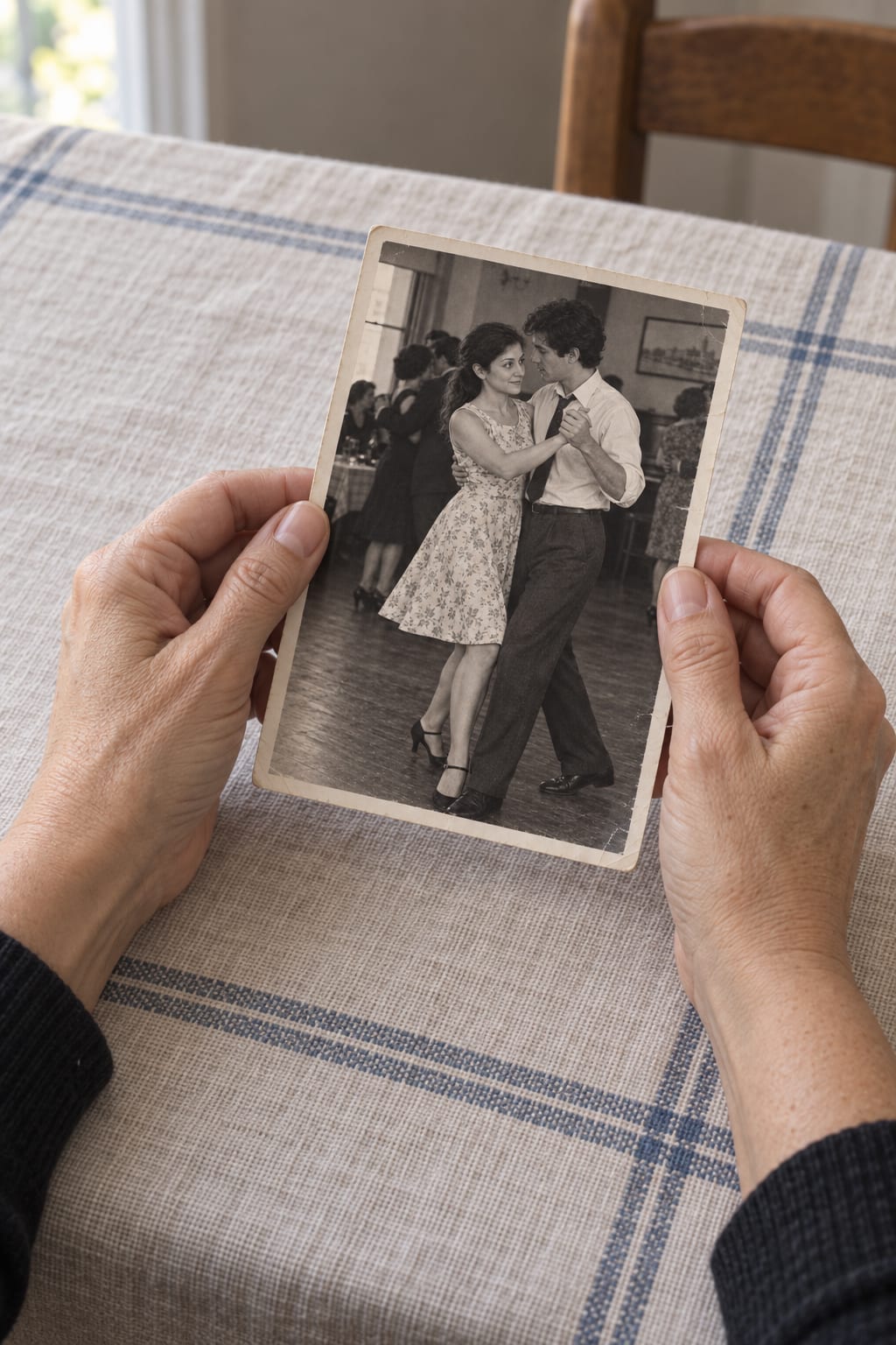 Manos que sostienen una foto en blanco y negro de una pareja bailando en 1968.
