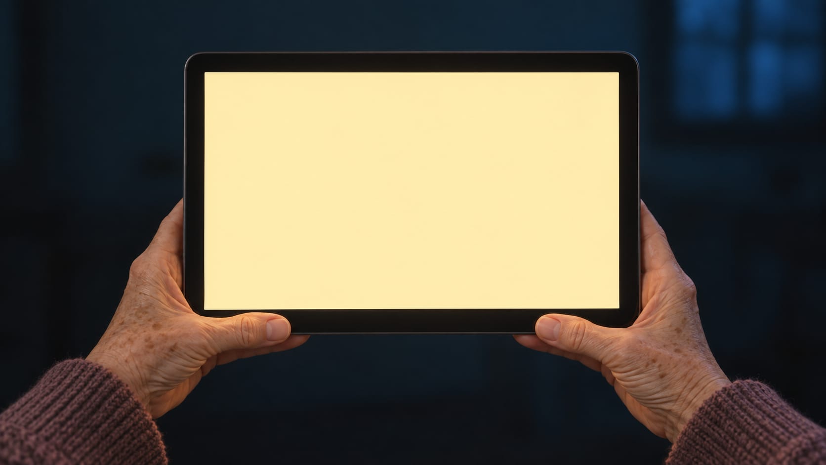 De noche, las manos de Elvira sostienen la tablet encendida.